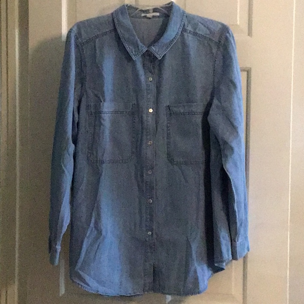 Eileen Fisher 1X Denim Long Sleeve Chambray Button Organic Cotton Shirt